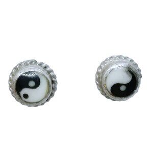 YIN YANG inlay Sterling Silver tiny round EARRINGS 925 peace harmony